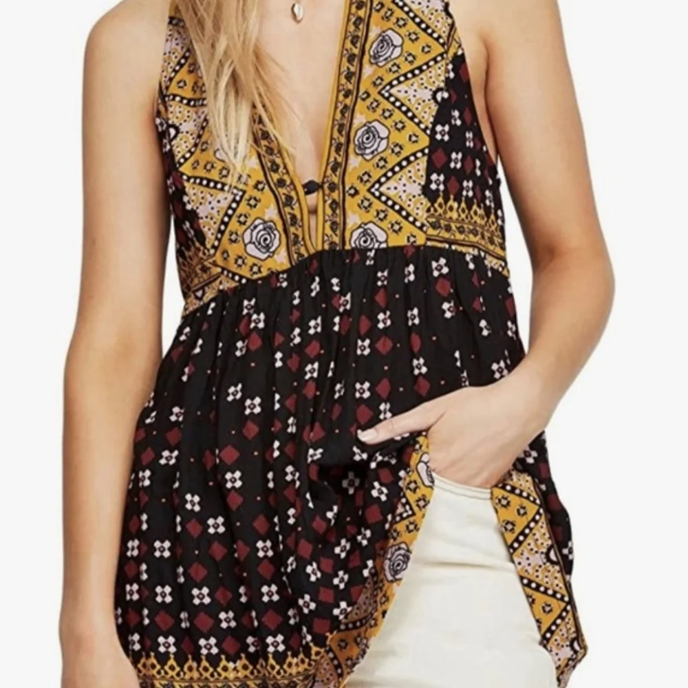 Free People Top Charlotte Black Yellow Boho Size XS